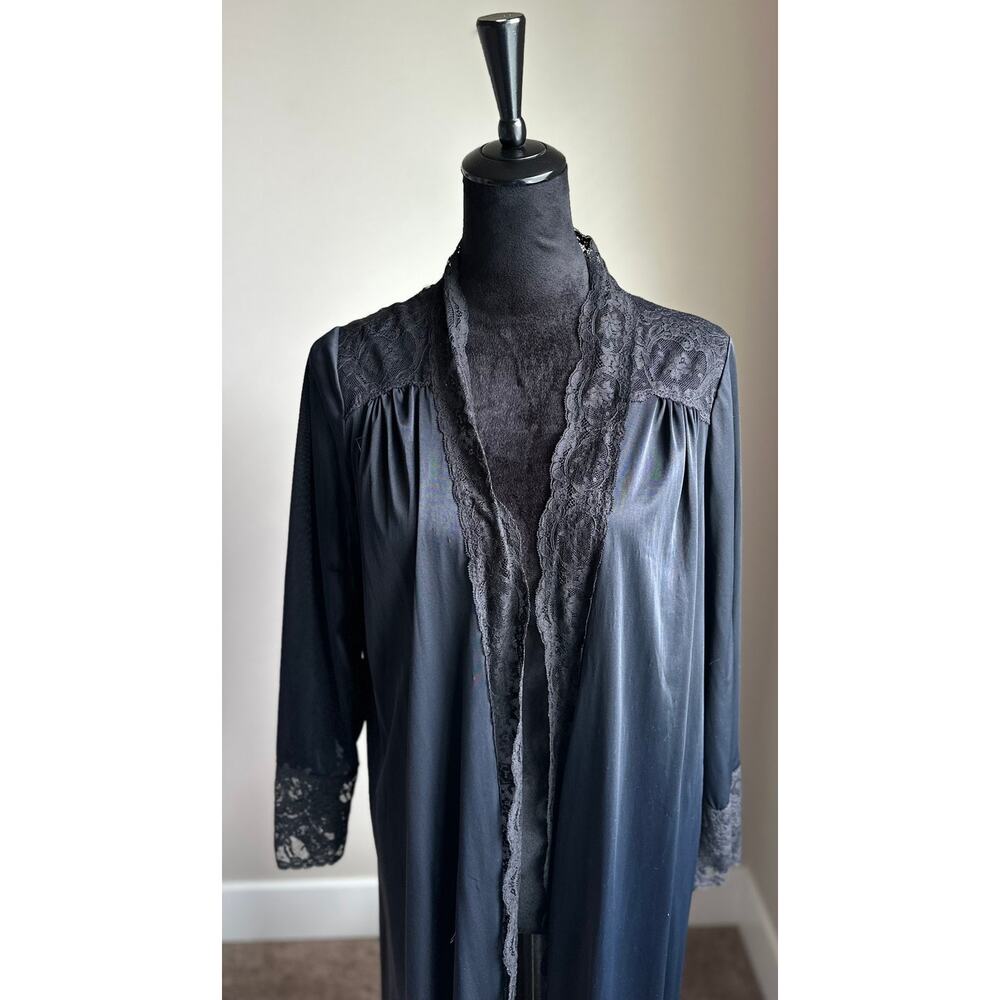Olga Black Lace-Trim Long Robe - Picture 2 of 8